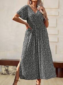 Roveilla Plus Size Women Stylish Floral Print Short Sleeve Dress Maxi Women Outfit - Black - View 6