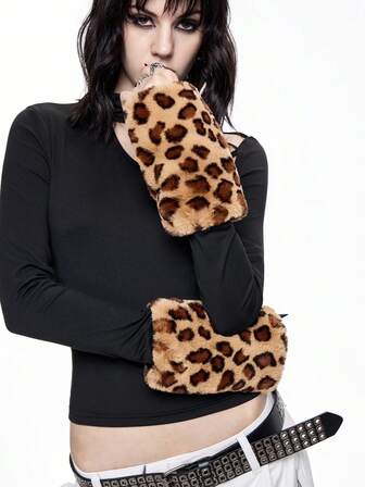 Goth 1 Pair Y2K Retro Furry Camel Leopard Print Fingerless Gloves, Fashionable Minimalist Wild Style Gloves For Women, Suitable For Daily Wear, Parties, Gatherings, Autumn/Winter, Halloween, Christmas