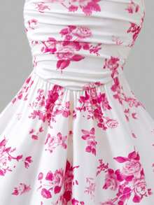 Sweetra Váy midi xếp ly họa tiết sứ trắng xanh nhạt ngọt ngào - Hồng - Xem 5