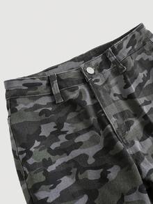 SHEIN 少女Y2K低腰休闲日常迷彩印花口袋喇叭牛仔裤，工装喇叭裤，适合秋冬季节参加锐舞派对和街头潮流，也适合上学、居家和旅行穿着，美式街头时尚Y2K简约休闲日常百搭款 - 中等水洗藍 - 查看 4