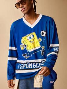 SpongeBob SquarePants | SHEIN 男士休闲卡通字母图案长袖T恤，秋季款