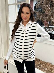 SHEIN Maternity Round Neck Striped Front Button Casual Sweater Vest