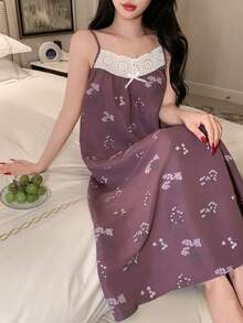 DAZY 女款花卉印花拼接飾邊細肩帶睡裙睡衣 - 紫色 - 查看 4