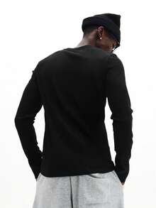 Camiseta de manga larga de cuello redondo con ajuste ceñido SUMWON, de punto acanalado, de color liso, para uso casual en invierno y otoño - Negro - Ver 2