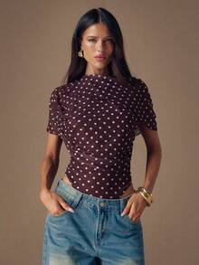 SHEIN BAE 棕色波点高领褶皱优雅连体衣，适合鸡尾酒会、浪漫约会、秋冬季内搭、聚会、派对、正式活动、万圣节、圣诞节等场合。 - 棕色 - 查看 1