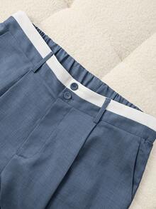 SHEIN PETITE Women's Casual Commuter Contrast Waistband Straight Leg Pants - Blue - View 6