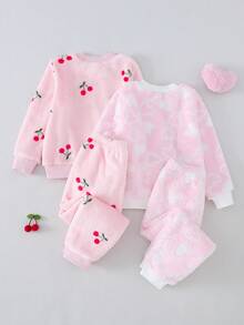 Set de 2 piezas de pijama con top de manga larga y pantalones con estampado de corazón y cereza, diseño minimalista y lindo para niña joven - Multicolor - Ver 2