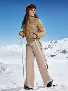 In My Nature 女士休闲字母图案拉链连帽户外羽绒服，秋冬款 - 卡其色 - 查看 4