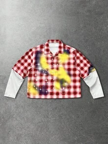 ROMWE MEN Street Life 男士秋季时尚格子拼接水钻装饰衬衫，长袖上衣 - 彩色 - 查看 4