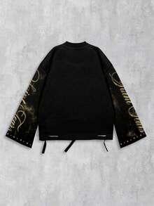 ROMWE MEN Street Life 复古街头风格做旧圣耶稣图案长袖圆领男士T恤，适合秋季穿着 - 黑色 - 查看 2