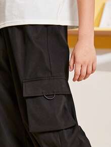 SHEIN 青少年男孩宽松纯色抽绳腰运动裤 - 黑色 - 查看 5