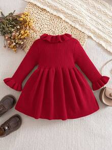 SHEIN Babygirl Cute Solid Color Knitted Long Sleeve Dress, Autumn/Winter - Red - View 2