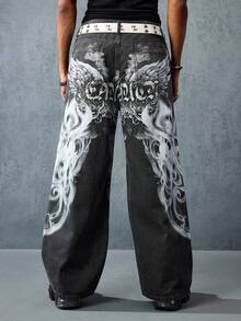 ROMWE MEN Street Life Men's Letter & Wing Graphic Wide Leg Casual Loose Fit Jeans, Street Fashion - Black - View 1