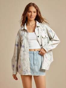 WESTFADE Floral Print Collared Button Front Long Sleeve Oversized Denim Shirt Jacket For Fall Back To School Country Concert - Dusty Purple - View 2