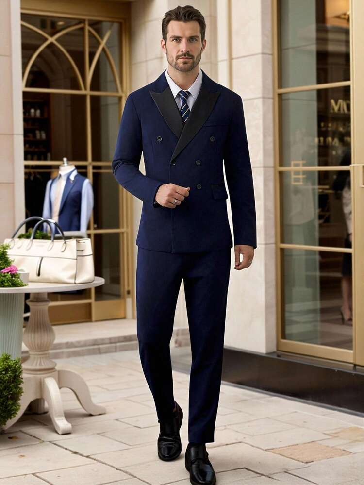 Manfinity Bizformal 男士正装商务撞色尖领双排扣西装外套和裤子套装，适合婚礼 - 藏蓝色 - 查看 1