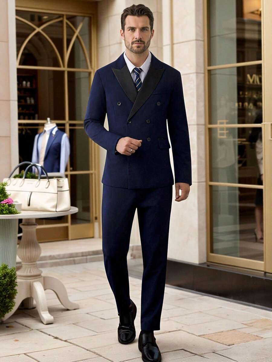 Manfinity Bizformal 男士正装商务撞色尖领双排扣西装外套和裤子套装，适合婚礼 - 藏蓝色 - 查看 1