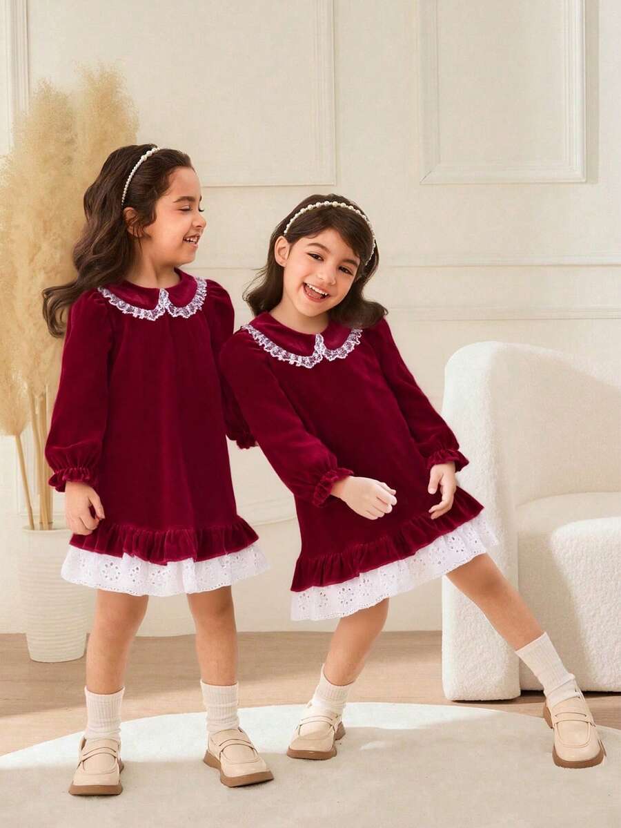 Robe élégante à volants et blocs de couleur pour jeune fille