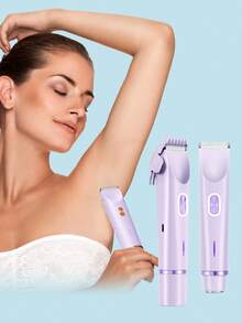 JMMO 女士比基尼修剪器，女士双头毛发修剪器，二合一比基尼剃须刀，带陶瓷刀头和 Type-C 充电端口，女士阴毛、腋毛、腿毛、手臂毛、脸毛电动剃须刀 - 紫色 - 查看 3