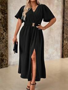 Roveilla 大码V领腰带蝙蝠袖开衩休闲优雅连衣裙长款女装 - 黑色 - 查看 1