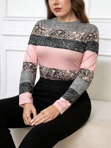 SHEIN Clasi Plus Size Elegant High Neck Fitted Leopard Print Long Sleeve Base Layer T-Shirt Work Work Tops For Women Work Wear - Multicolor - View 7