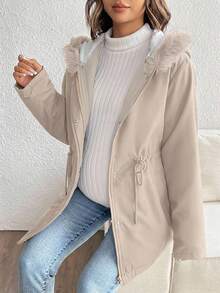 SHEIN Solid Color Drawstring Waist Thermal Lined Hooded Maternity Jacket - Khaki - View 4