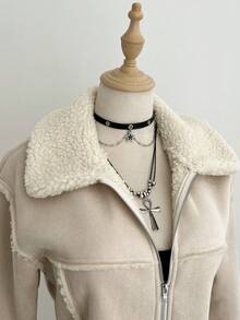 Elamini 仿绒面革绒领拉链口袋落肩长袖宽松外套，时尚街头风复古优雅高端简约设计，适合休闲、外出、约会、秋冬季穿着。 - 杏色 - 查看 5