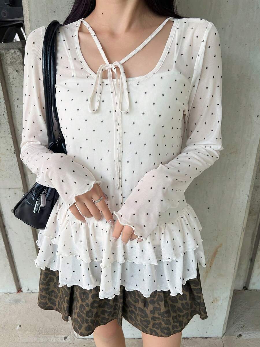 FRIFUL 女士波点印花荷叶边长袖衬衫，夏季 - 白色 - 查看 1