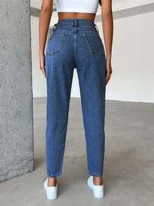 100%Cotton High Waist Slant Pocket Casual Mom Fit Jeans - Blue - View 2