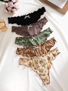 PetitDoll 5 st/set sexiga, ribbade trosor med volangkant och blommigt tryck - Multifärgad - Visa 1