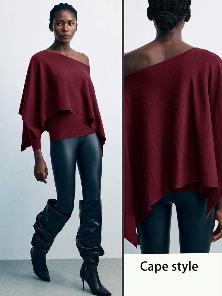 SHEIN Maija Women's Burgundy Solid Color Batwing Sleeve Loose Fashion Sweater, Asymmetric Top, Knitted Pullover For Urban Commute, Business Casual, Office Wear, Elegant For Christmas, New Year Party, Basic Top For Outings, Sweaters For Women