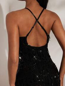 Opulessa Váy mini hở lưng sequin gợi cảm thời trang - màu đen - Xem 3