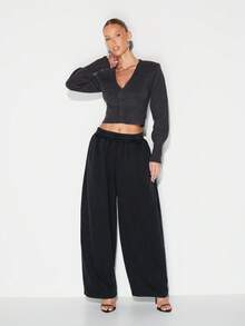 KIZN Charcoal Ribbed V Neck Button Front Cropped Cardigan With Balloon Sleeves Fall Winter Knit Sweater - Grey - View 3