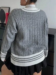 SHEIN CURVE+ Áo len cardigan cỡ lớn cho nữ, phong cách đại học mới cho mùa thu/đông - Xám - Xem 2