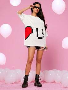 Manfinity VCAY 2pcs/Set Couple Matching Loose Fit Round Neck Short Sleeve T-Shirts, Heart & "I Love You" Print, Casual Everyday Wear - White - View 5