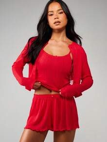 MISSGUIDED Bộ đồ ngủ Giáng sinh Pointelle Knit Cardigan cổ tròn kèm quần short Bộ đồ ngủ ba mảnh có gân ấm áp - Đỏ - Xem 1
