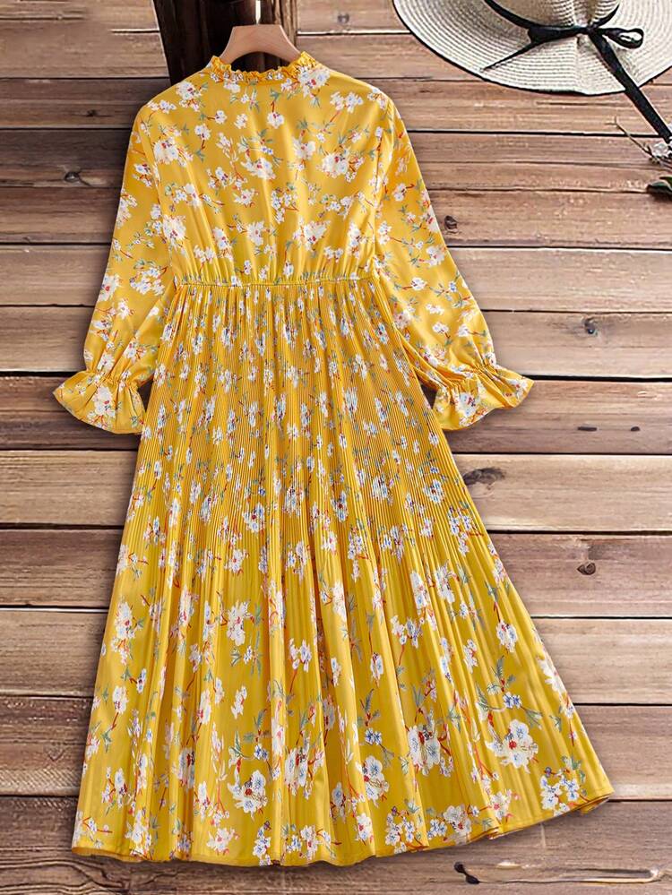 Plus Size Ditsy Floral Ruffle Hem Vacation Dress, Autumn Winter Clothes For Women Winter Dress Beach Dress Casual Dress For Women  Floral Dress Yellow Flower Dress