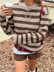 DAZY Suéter feminino casual de gola redonda com listras coloridas, ideal para outono/inverno. - Castanho - Ver 5