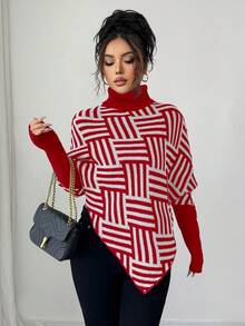 Elenzga Áo len Poncho cổ cao họa tiết hình học thanh lịch dành cho nữ, phối màu, thích hợp mặc ở nhà và đi du lịch, mùa xuân/thu - Đỏ - Xem 5