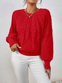 EMERY ROSE Casual Solid Color Lantern Sleeve Sweater, Autumn/Winter - Red - View 3