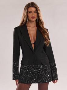 SHEIN BAE 女式水钻装饰翻领休闲派对西装外套 - 黑色 - 查看 3