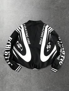 ROMWE MEN Street Life 男士 Racing Element 夹克，适合秋冬季 - 黑色 - 查看 2