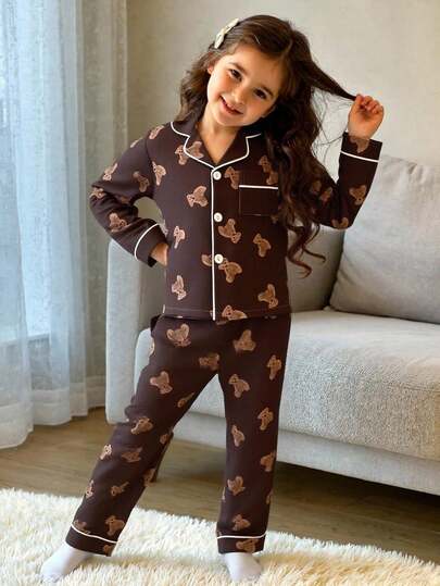 2pcs/Set Young Girl' Cute Bear Collar Cardigan & Pants Casual Homewear Outfit