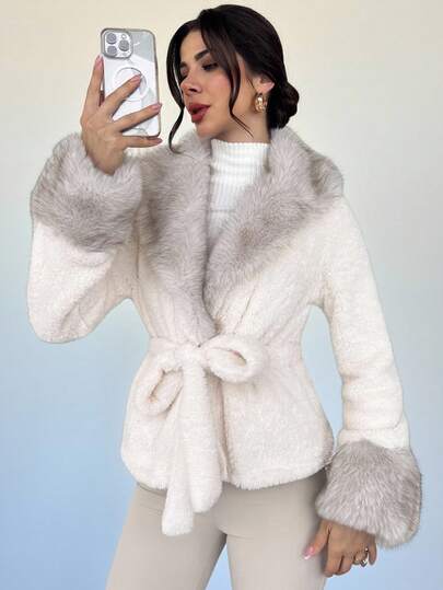 Firerie Palton elegant de damă din fleece teddy, cu manșete pufoase, guler pufoas cu inserții, pentru toamnă și iarnă, rezistent la frig, la modă, stilizat, cu talie marcată, bej, din pluș, pentru ieșiri