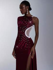 Elitara Elegante e lussuoso abito in maglia bordeaux, decorato a mano con perle finte e catena plissettata, scollo asimmetrico, maniche monospalla, spacco sexy, vita scoperta, decorazione plissettata su tutto il corpo, vestito a sirena con strascico, adatto per vacanze felici, raduni, appuntamenti, festival musicali, feste, occasioni formali, abiti da sera (lavorazione pesante)