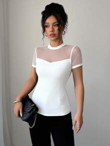 Elenzga 女式2025夏季纯色百搭网眼拼布圆领短袖T恤 - 白色 - 查看 5