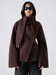 LYSMO Áo khoác dáng rộng cổ cao thắt nơ màu nâu trơn, vai rớt, phong cách tối giản mới về năm 2025 dành cho nữ mùa thu/đông, thích hợp cho trang phục đón năm mới và lễ Tạ ơn mùa đông. - Cà phê nâu - Xem 6