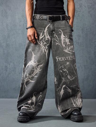 Street Life Jeans anchos y sueltos de moda casual para hombres con estampado de personaje de dibujos animados y mariposa, sin cinturón incluido