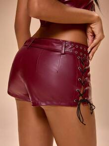 Radiana 女士低腰性感紧身短裤，贴身包臀短裤，酒红色PU皮短裤，适合秋冬季穿着 - 酒紅色 - 查看 2