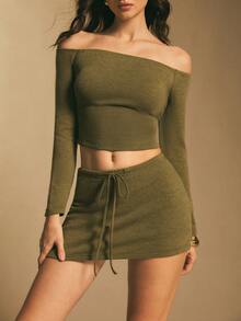 Poéselle Off Shoulder Knit Two Piece Set For Women - Y2K Long Sleeve Crop Top & Drawstring Mini Skirt, Sexy Co-Ord Fall Outfit, Going Out Party Look,Women's Fashionable Sexy Off-Shoulder Top & Pants 2 Pieces Set Sexy Skirt Set Two Piece Set Vacation Outfits Women Off The Shoulder Crop Top Short Skirt Set, Petite Two Piece Set Skirt Two Piece Set Ribbed Two Piece Set - Green - View 1