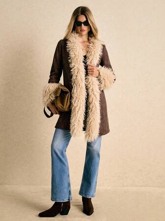 Poéselle 女士时尚毛绒拼接外套，秋冬季，人类学家风格，70年代女装，长款外套